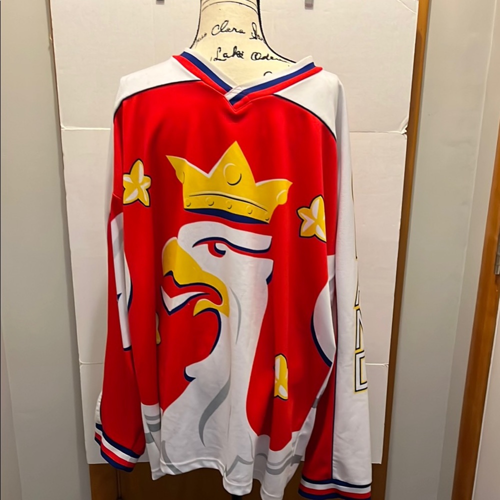 Men's Poland Red, White, and yellow hockey Jersey with Crown and Eagle Design